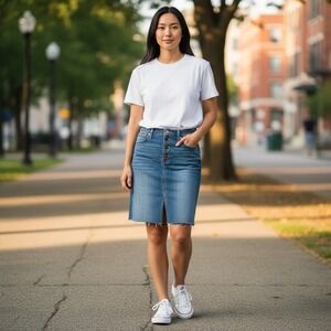 Madewell Denim Skirt 31 Blue High Rise Button Fly Raw Hem Straight Pencil